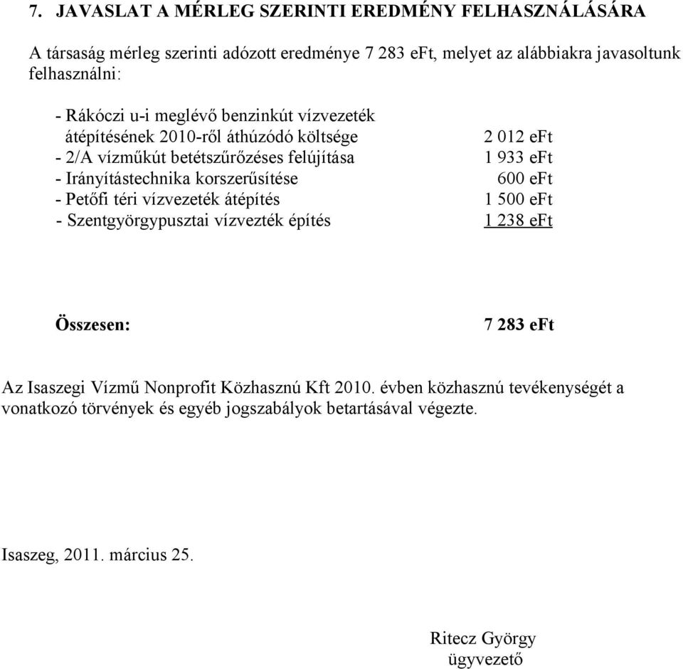 korszerűsítése 600 eft - Petőfi téri vízvezeték átépítés 1 500 eft - Szentgyörgypusztai vízvezték építés 1 238 eft Összesen: 7 283 eft Az Isaszegi Vízmű Nonprofit