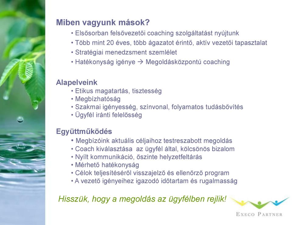 igénye Megoldásközpontú coaching Alapelveink Etikus magatartás, tisztesség Megbízhatóság Szakmai igényesség, színvonal, folyamatos tudásbővítés Ügyfél iránti felelősség