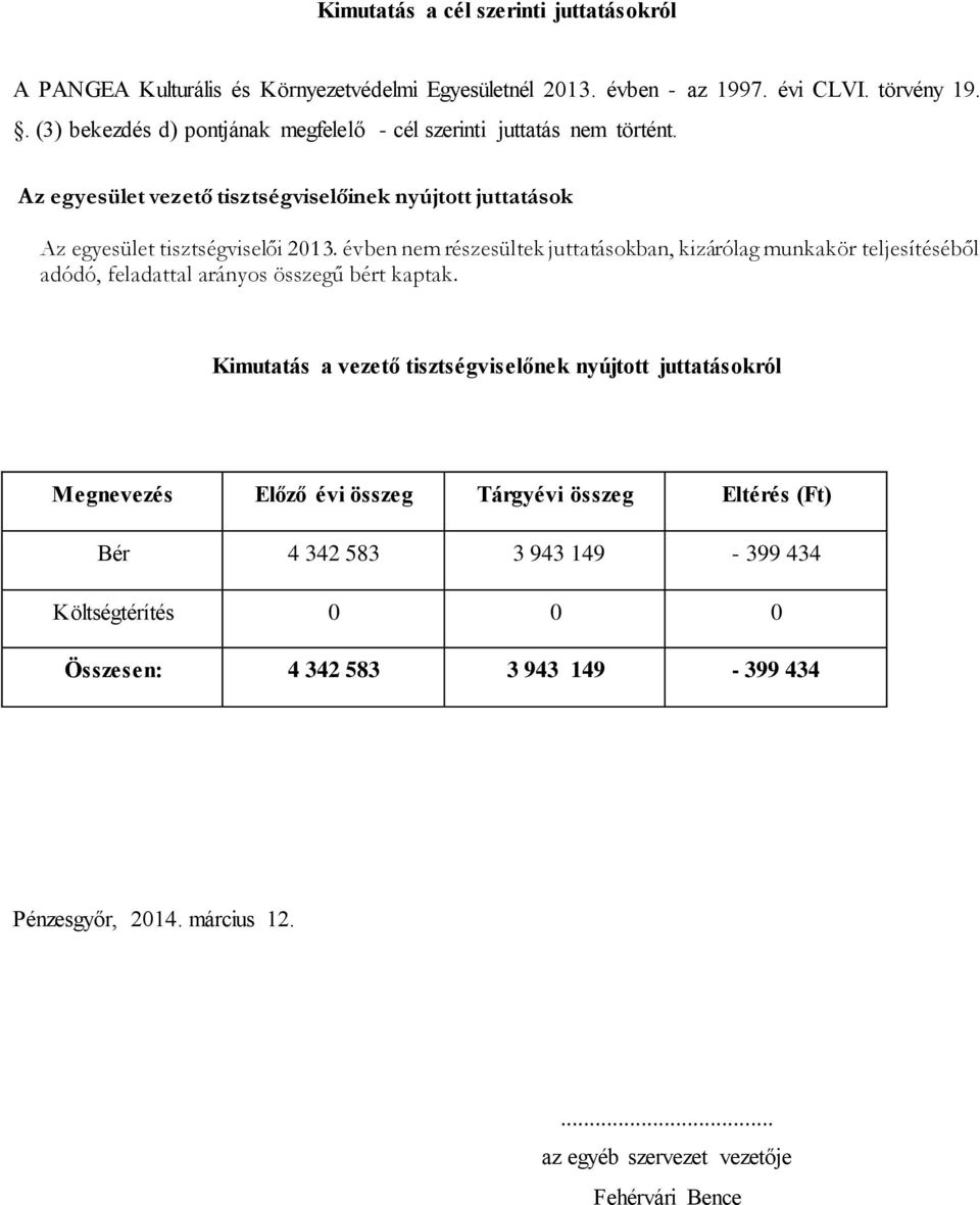 évben nem részesültek juttatásokban, kizárólag munkakör teljesítéséből adódó, feladattal arányos összegű bért kaptak.