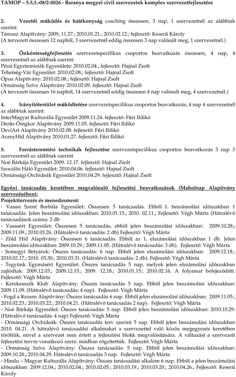 Önkéntességfejlesztés szervezetspecifikus csoportos beavatkozás összesen, 4 nap, 4 szervezetnél az alábbiak szerint: Pécsi Egyetemisták Egyesülete: 2010.02.04.