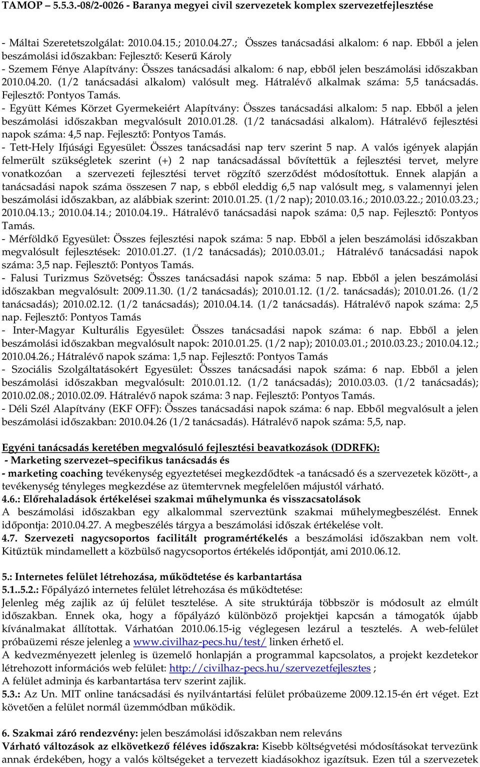 0.04.20. (1/2 tanácsadási alkalom) valósult meg. Hátralévı alkalmak száma: 5,5 tanácsadás. Fejlesztı: Pontyos Tamás. - Együtt Kémes Körzet Gyermekeiért Alapítvány: Összes tanácsadási alkalom: 5 nap.