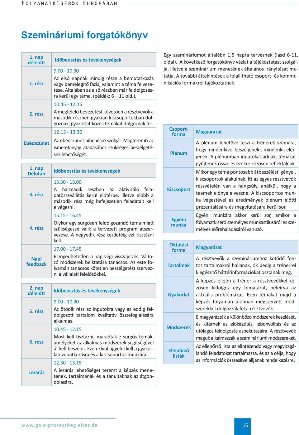 15 A megfelelő bevezetést követően a résztvevők a második részben gyakran kiscsoportokban dolgoznak, gyakorlat-közeli témákat dolgoznak fel. 12.15-13.30 Az ebédszünet pihenésre szolgál.