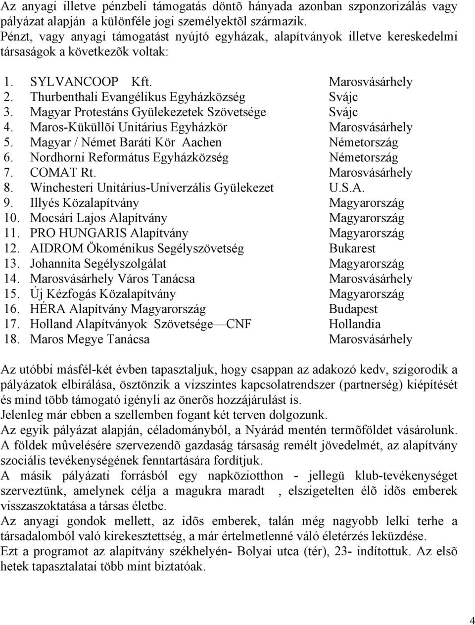 Magyar Protestáns Gyülekezetek Szövetsége Svájc 4. Maros-Küküllõi Unitárius Egyházkör Marosvásárhely 5. Magyar / Német Baráti Kör Aachen Németország 6. Nordhorni Református Egyházközség Németország 7.