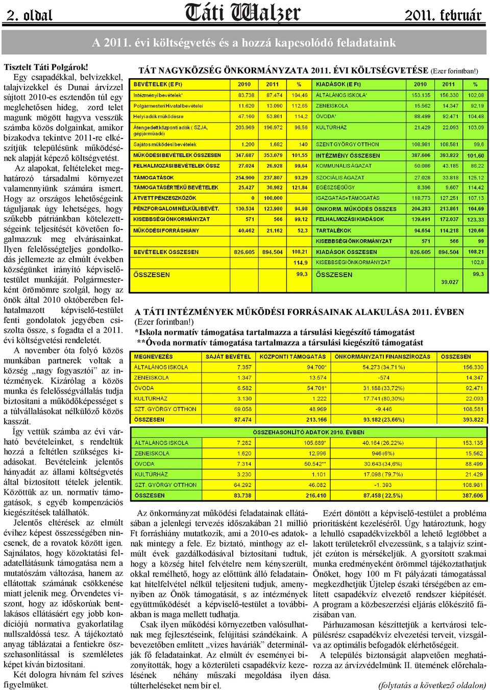 tekintve 2011-re elkészítjük településünk működésének alapját képező költségvetést. Az alapokat, feltételeket meghatározó társadalmi környezet valamennyiünk számára ismert.