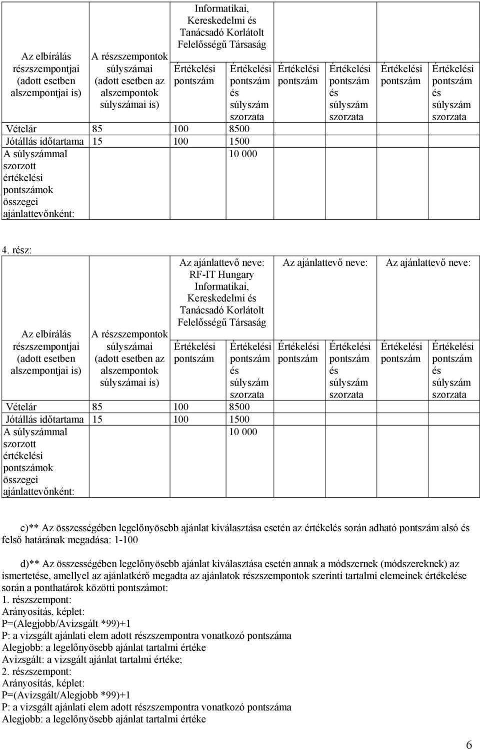 rz: Az elbírálás rzszempontjai (adott esetben alszempontjai is) A rzszempontok ai (adott esetben az alszempontok ai is) RF-IT Hungary Informatikai, Kereskedelmi Tanácsadó Korlátolt Felelősségű