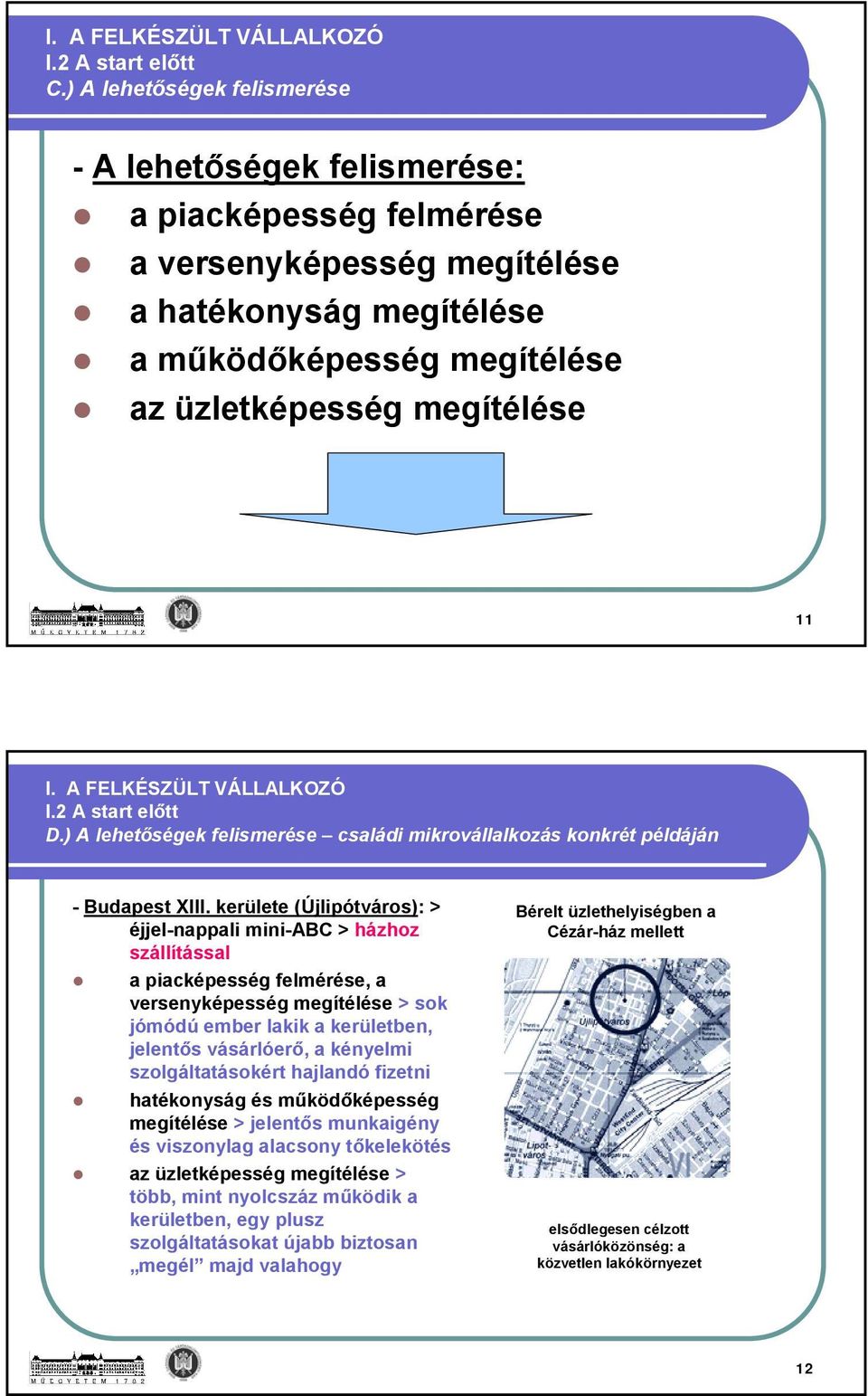 A FELKÉSZÜLT VÁLLALKOZÓ I.2 A start előtt D.) A lehetőségek felismerése családi mikrovállalkozás konkrét példáján - Budapest XIII.