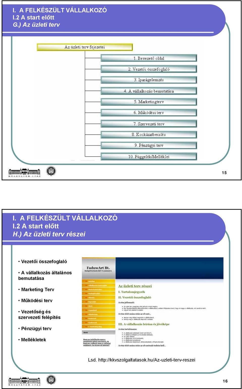 ) Az üzleti terv részei Vezetői összefoglaló A vállalkozás általános bemutatása