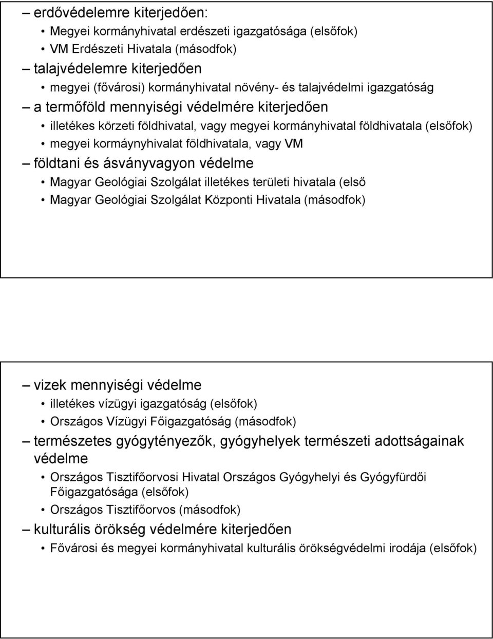 ásványvagyon védelme Magyar Geológiai Szolgálat illetékes területi hivatala (első Magyar Geológiai Szolgálat Központi Hivatala (másodfok) vizek mennyiségi védelme illetékes vízügyi igazgatóság