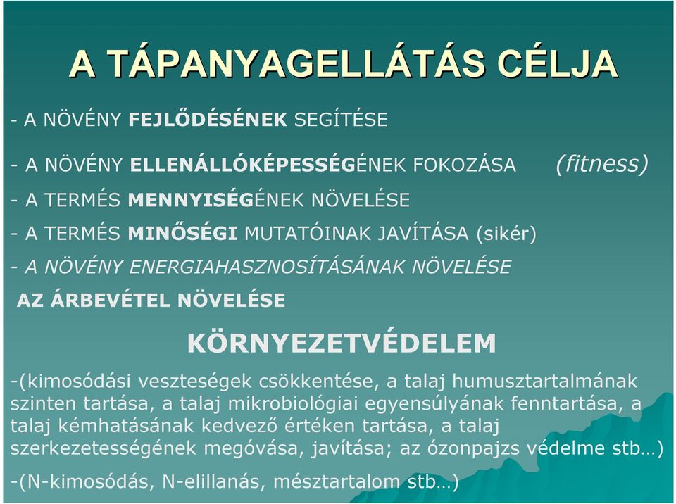 -(kimosódási veszteségek csökkentése, a talaj humusztartalmának szinten tartása, a talaj mikrobiológiai egyensúlyának fenntartása, a talaj