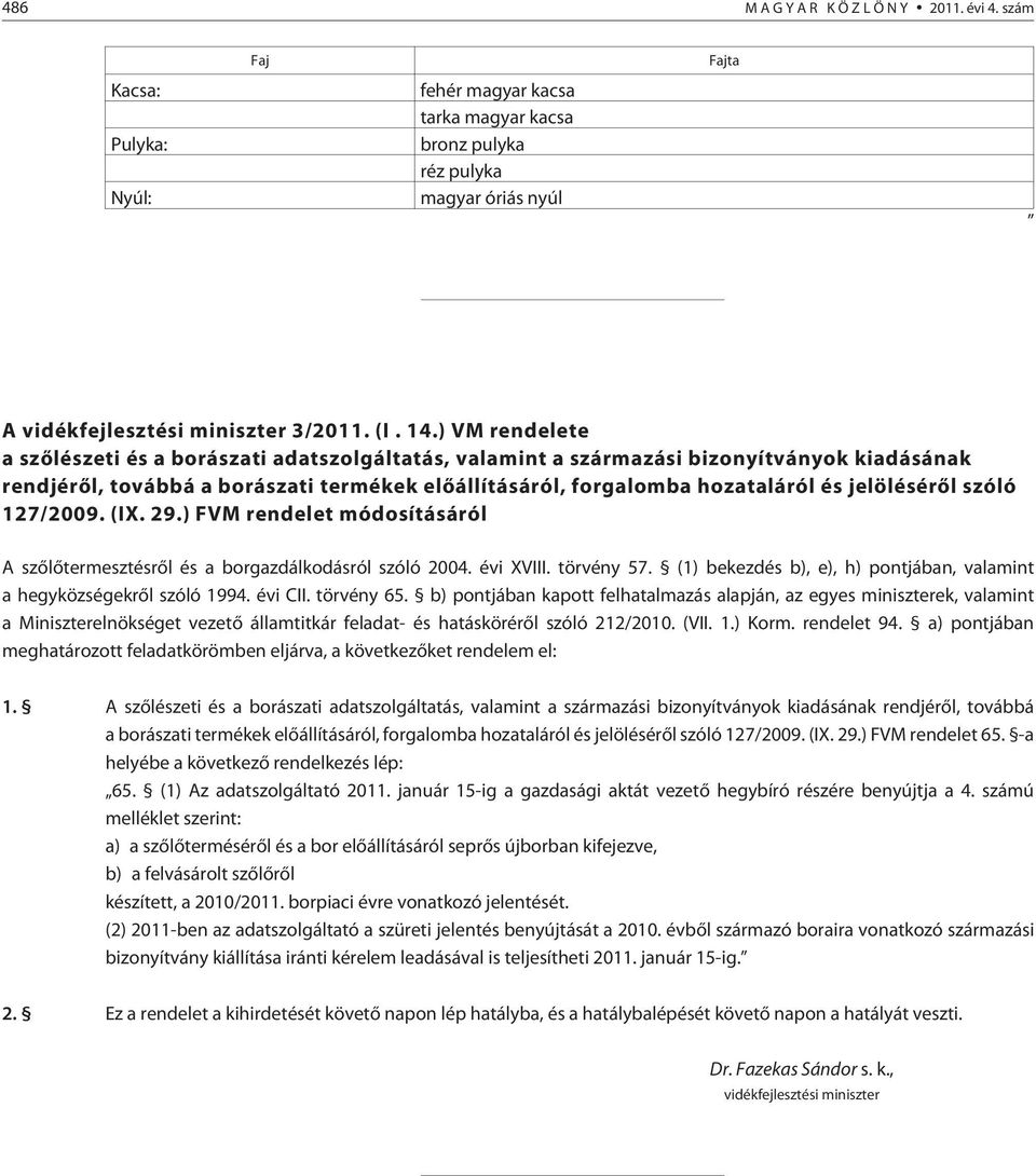 jelölésérõl szóló 127/2009. (IX. 29.) FVM rendelet módosításáról A szõlõtermesztésrõl és a borgazdálkodásról szóló 2004. évi XVIII. törvény 57.