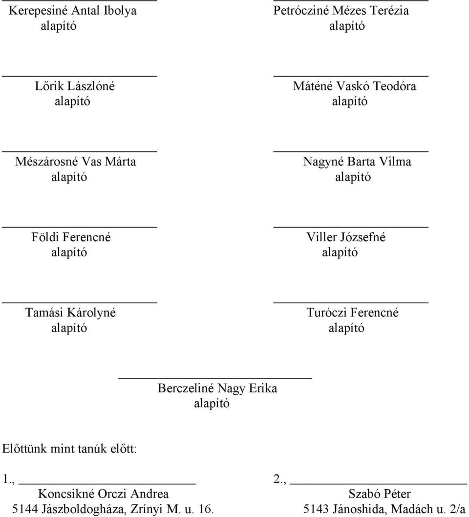 Turóczi Ferencné Berczeliné Nagy Erika alapító Előttünk mint tanúk előtt: 1., 2.