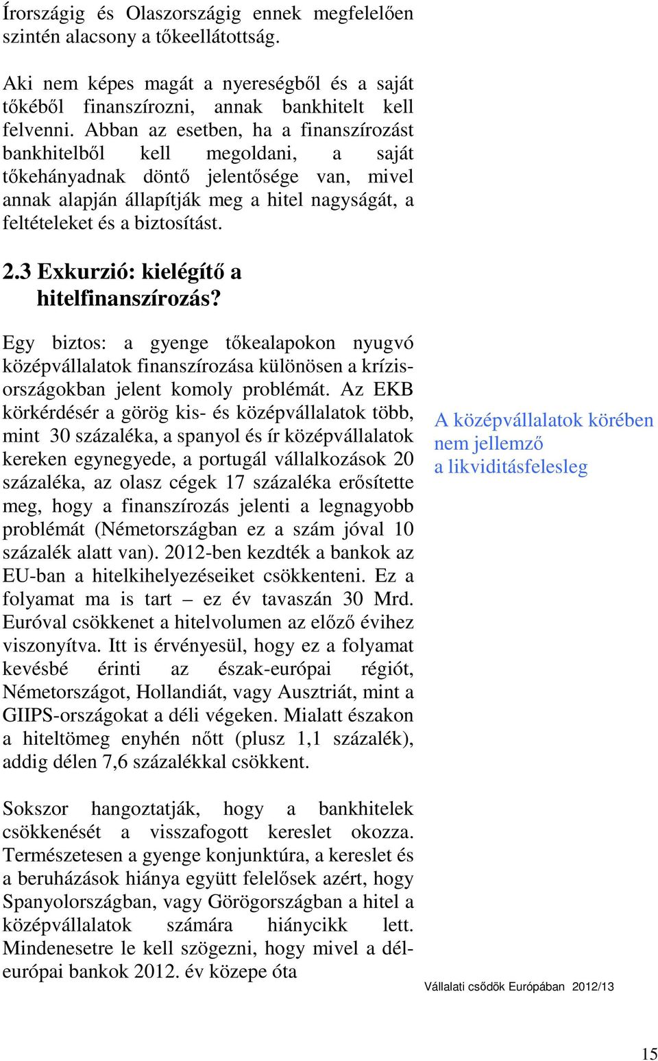 2.3 Exkurzió: kielégítő a hitelfinanszírozás? Egy biztos: a gyenge tőkealapokon nyugvó középvállalatok finanszírozása különösen a krízisországokban jelent komoly problémát.