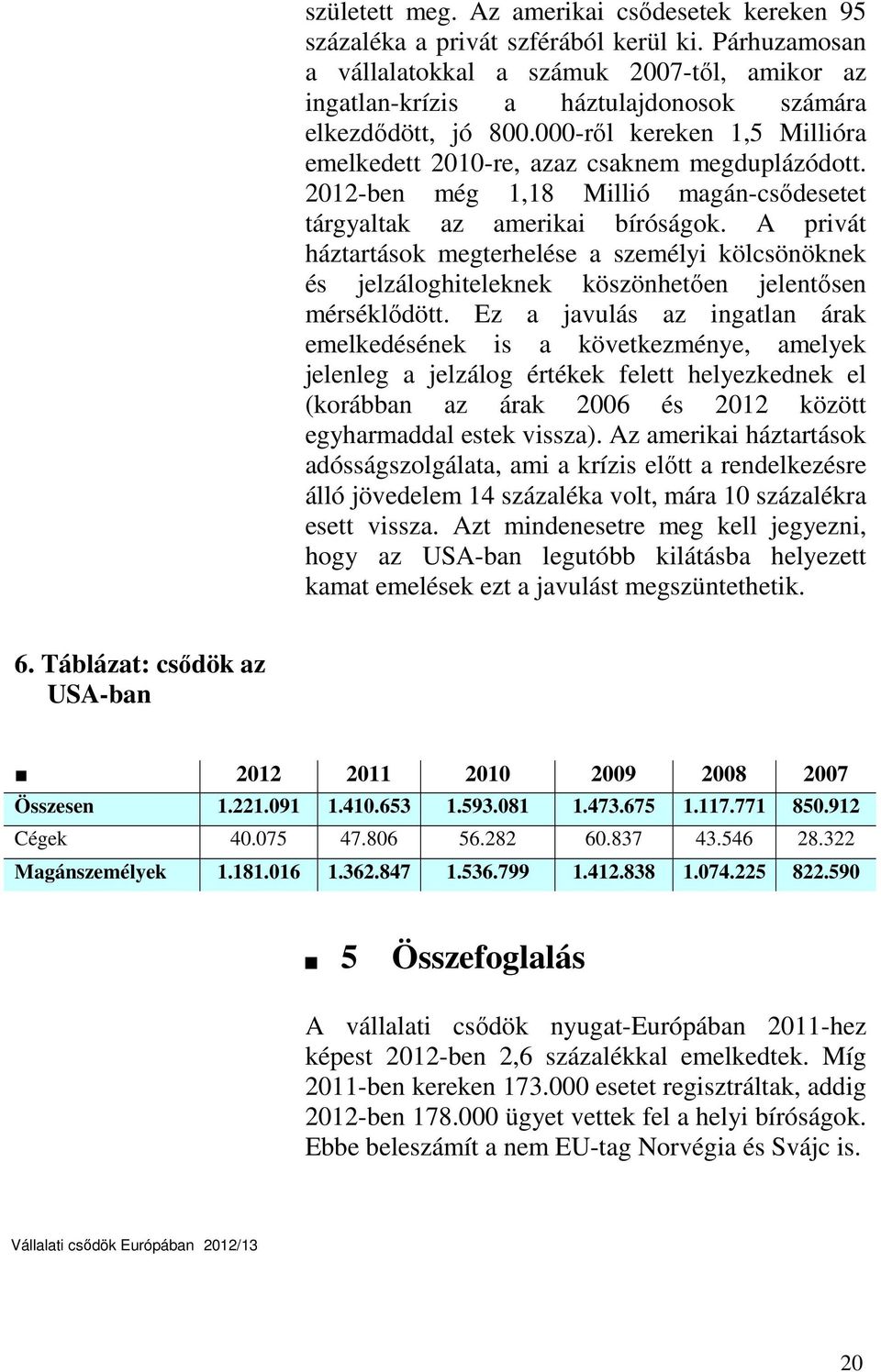 2012-ben még 1,18 Millió magán-csődesetet tárgyaltak az amerikai bíróságok. A privát háztartások megterhelése a személyi kölcsönöknek és jelzáloghiteleknek köszönhetően jelentősen mérséklődött.