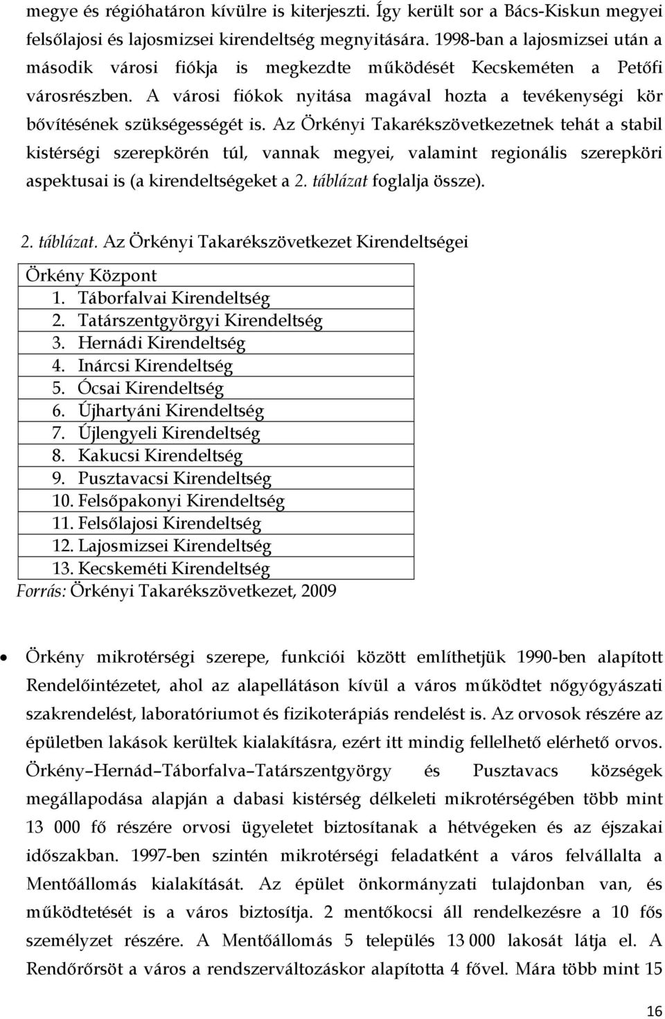 Az Örkényi Takarékszövetkezetnek tehát a stabil kistérségi szerepkörén túl, vannak megyei, valamint regionális szerepköri aspektusai is (a kirendeltségeket a 2. táblázat 