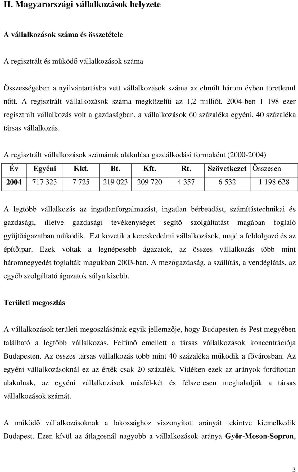 2004-ben 1 198 ezer regisztrált vállalkozás volt a gazdaságban, a vállalkozások 60 százaléka egyéni, 40 százaléka társas vállalkozás.