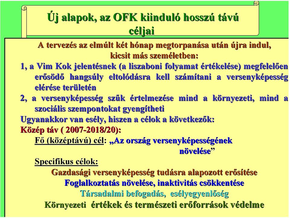 szempontokat gyengítheti Ugyanakkor van esély, hiszen a célok a következők: Közép táv ( 2007-2018/20): 2018/20): Fő (középtávú) cél: Az ország versenyképességének növelése Specifikus