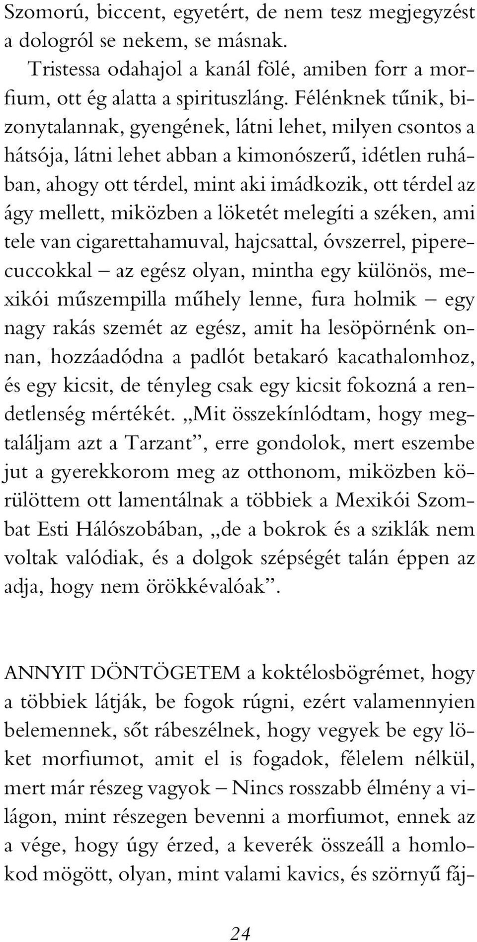 miközben a löketét melegíti a széken, ami tele van cigarettahamuval, hajcsattal, óvszerrel, piperecuccokkal az egész olyan, mintha egy különös, mexikói mûszempilla mûhely lenne, fura holmik egy nagy