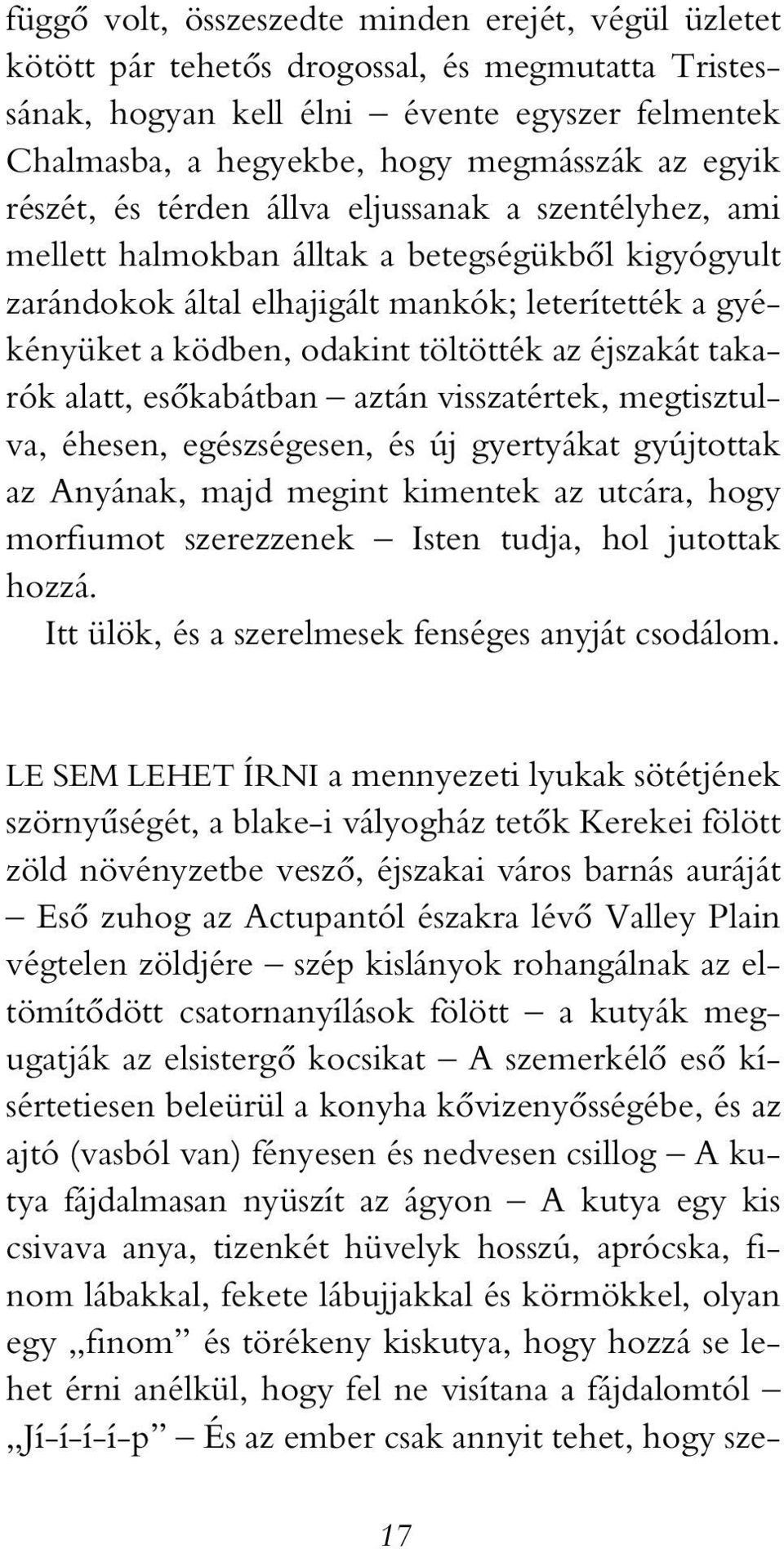 töltötték az éjszakát takarók alatt, esôkabátban aztán visszatértek, megtisztulva, éhesen, egészségesen, és új gyertyákat gyújtottak az Anyának, majd megint kimentek az utcára, hogy morfiumot