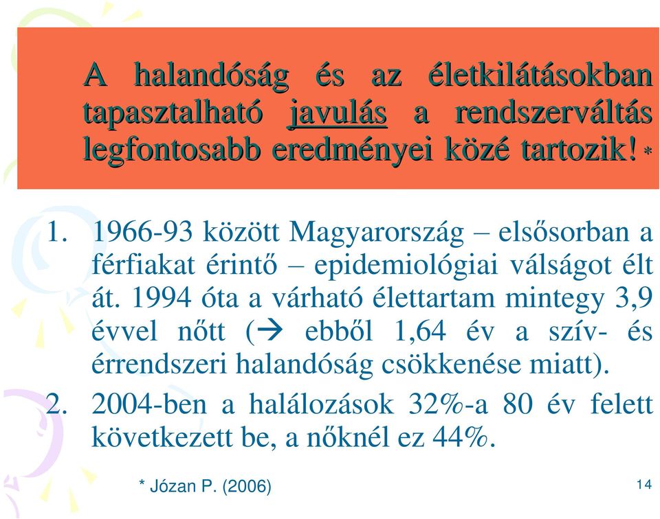 1994 óta a várható élettartam mintegy 3,9 évvel n tt ( ebb l 1,64 év a szív- és érrendszeri halandóság