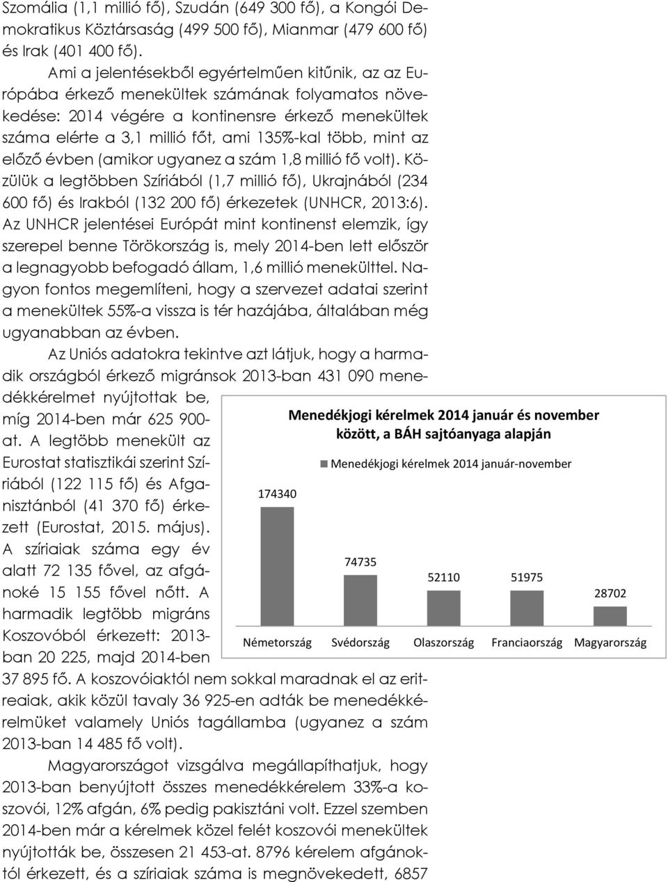 több, mint az előző évben (amikor ugyanez a szám 1,8 millió fő volt). Közülük a legtöbben Szíriából (1,7 millió fő), Ukrajnából (234 600 fő) és Irakból (132 200 fő) érkezetek (UNHCR, 2013:6).