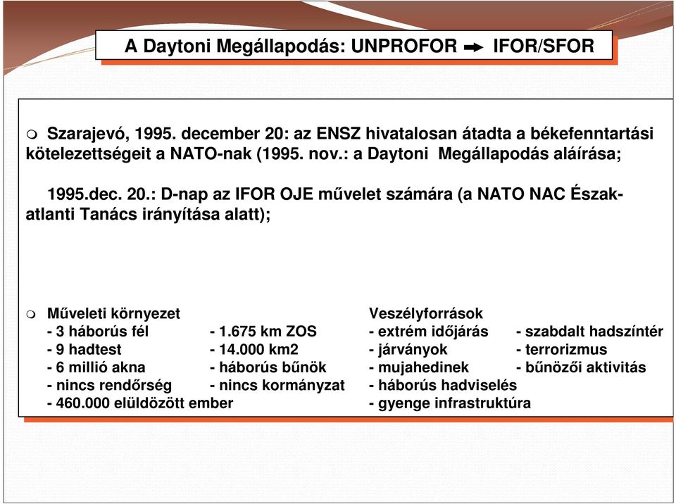 : D-nap D-nap az az IFOR IFOR OJE OJE mővelet számára (a (a NATO NATO NAC NAC Északatlantatlanti Tanács irányítása alatt); Észak- alatt); Mőveleti Mőveleti környezet környezet Veszélyforrások