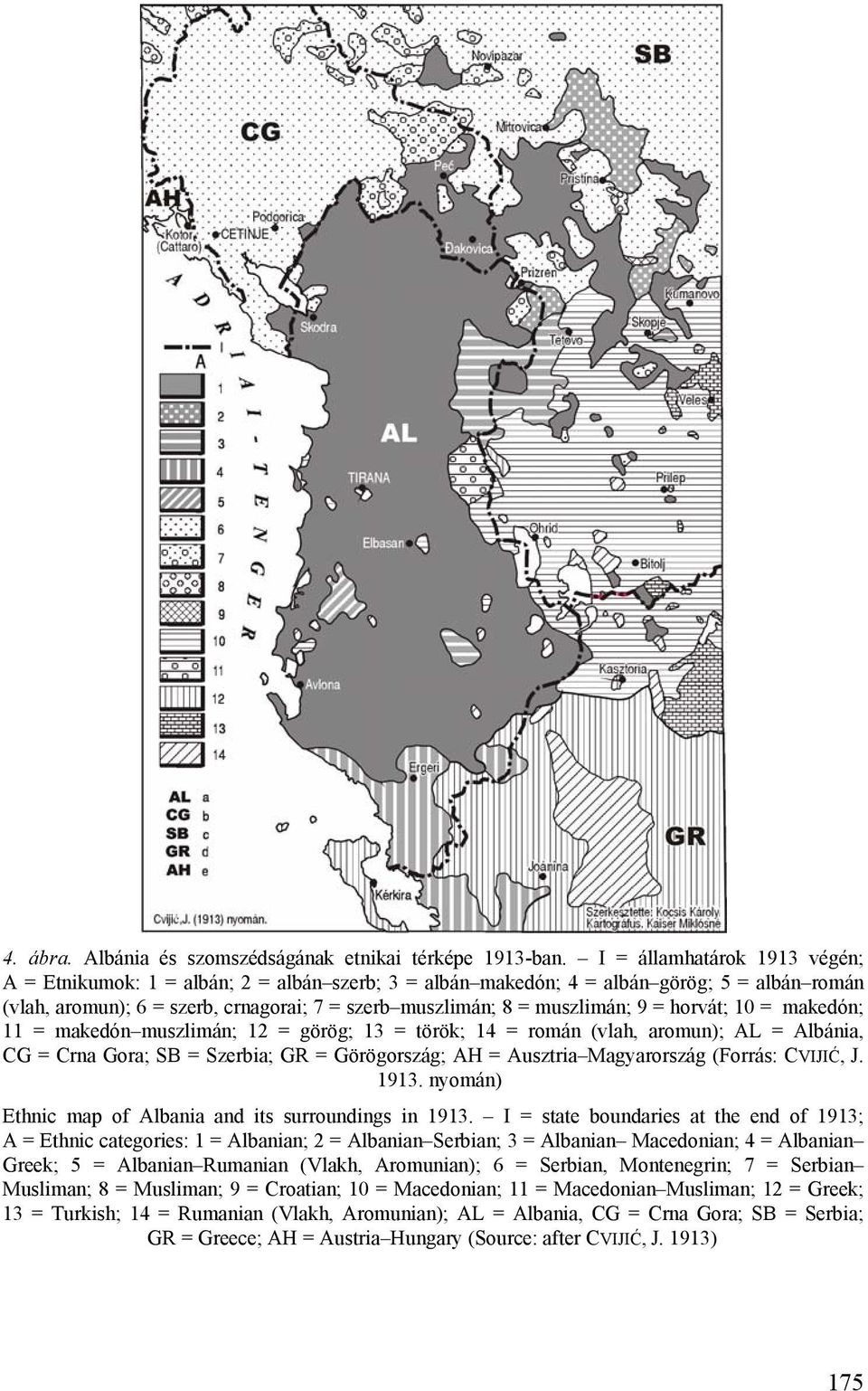 = horvát; 10 = makedón; 11 = makedón muszlimán; 12 = görög; 13 = török; 14 = román (vlah, aromun); AL = Albánia, CG = Crna Gora; SB = Szerbia; GR = Görögország; AH = Ausztria Magyarország (Forrás: