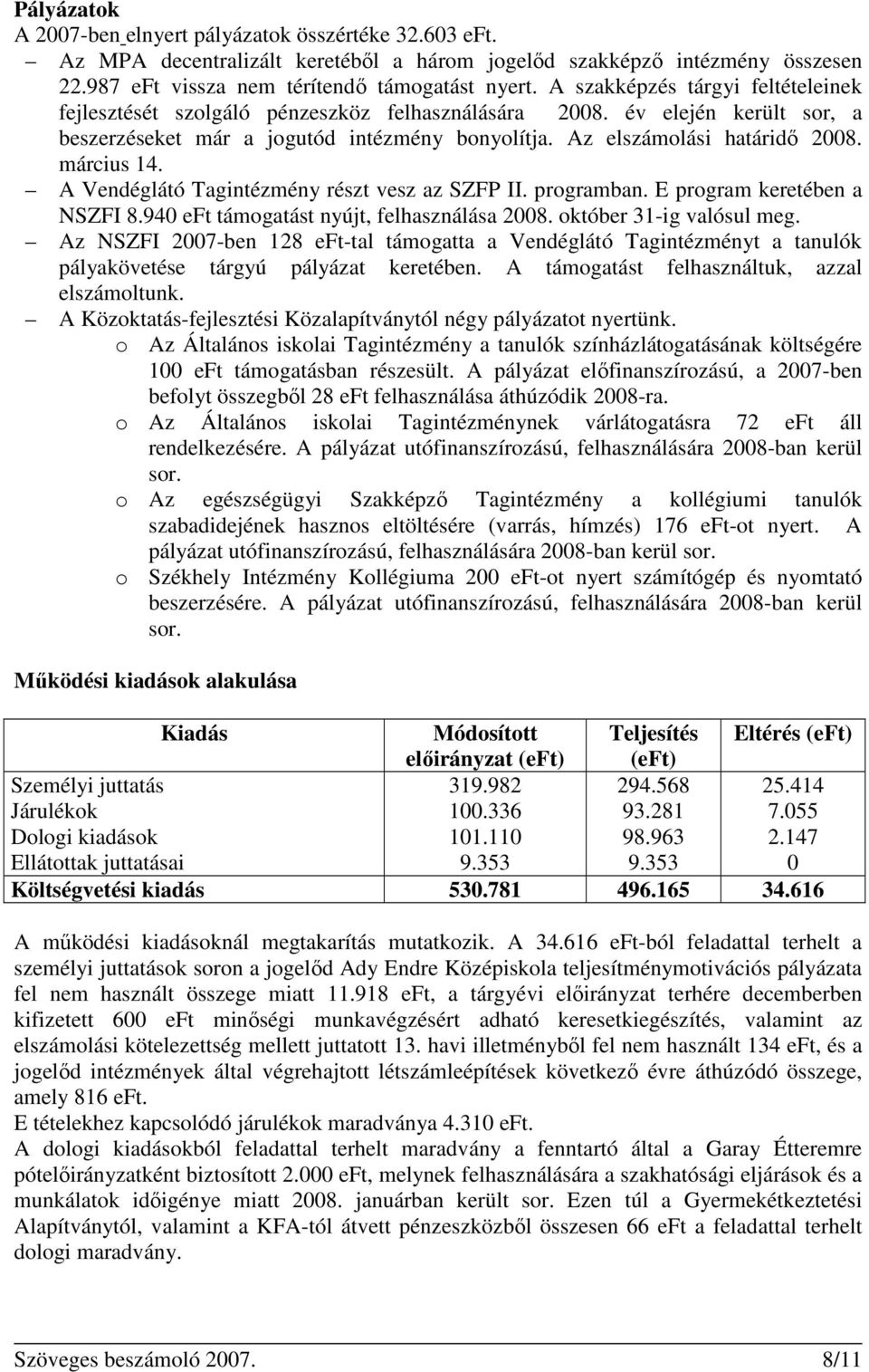 március 14. A Vendéglátó Tagintézmény részt vesz az SZFP II. programban. E program keretében a NSZFI 8.940 eft támogatást nyújt, felhasználása 2008. október 31ig valósul meg.