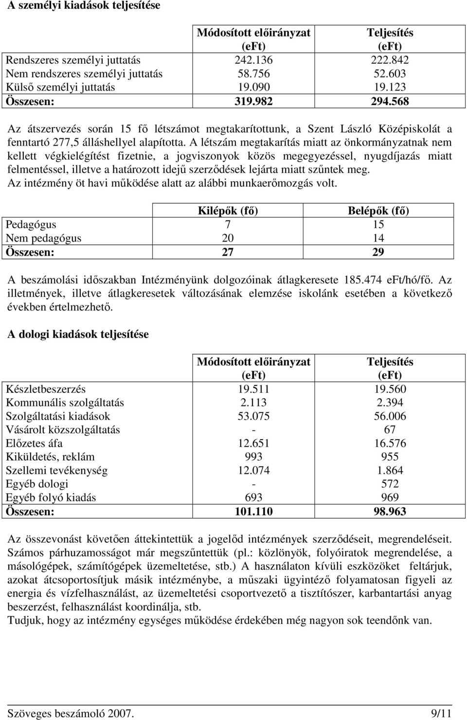 A létszám megtakarítás miatt az önkormányzatnak nem kellett végkielégítést fizetnie, a jogviszonyok közös megegyezéssel, nyugdíjazás miatt felmentéssel, illetve a határozott idejű szerződések lejárta