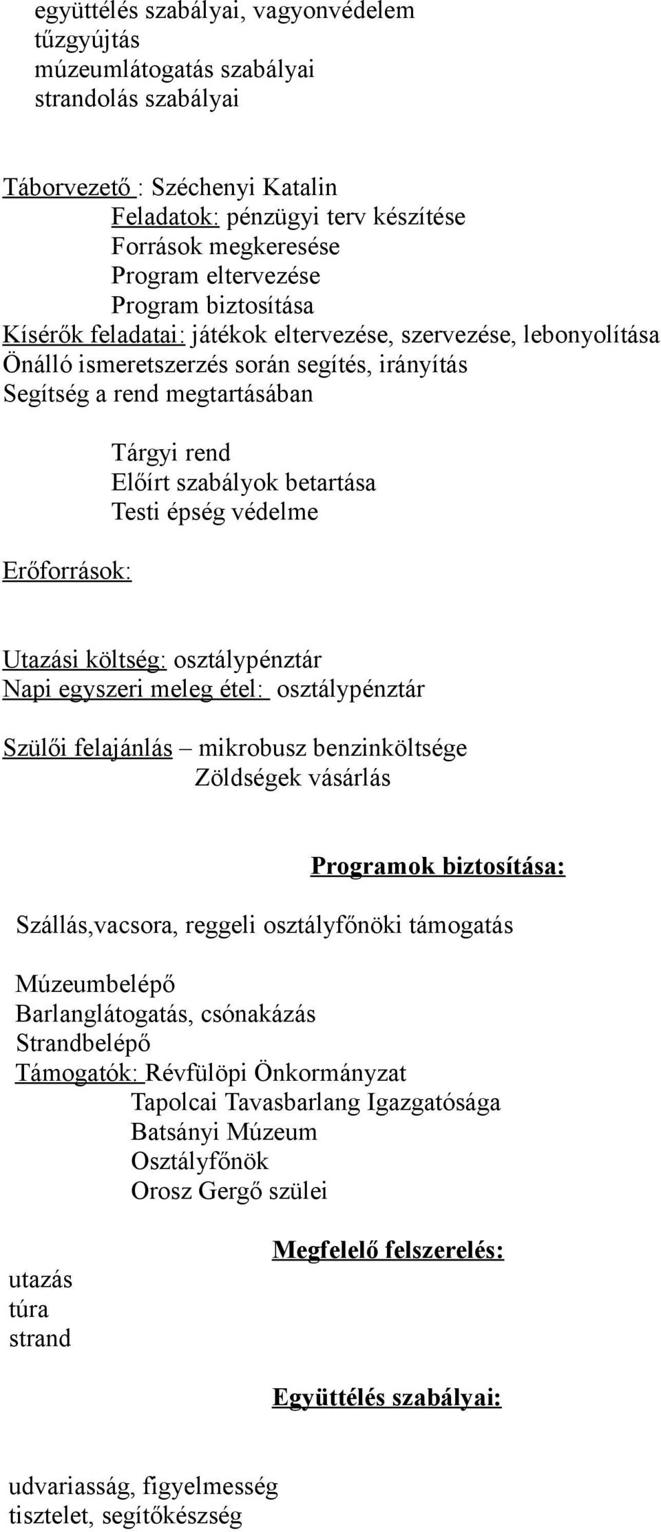 Előírt szabályok betartása Testi épség védelme Utazási költség: osztálypénztár Napi egyszeri meleg étel: osztálypénztár Szülői felajánlás mikrobusz benzinköltsége Zöldségek vásárlás Programok