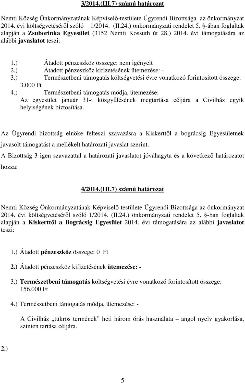 ) Természetbeni támogatás módja, ütemezése: Az egyesület január 31-i közgyűlésének megtartása céljára a Civilház egyik helyiségének biztosítása.