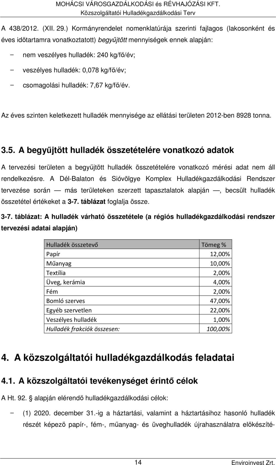 0,078 kg/fő/év; csomagolási hulladék: 7,67 kg/fő/év. Az éves szinten keletkezett hulladék mennyisége az ellátási területen 2012-ben 8928 tonna. 3.5.