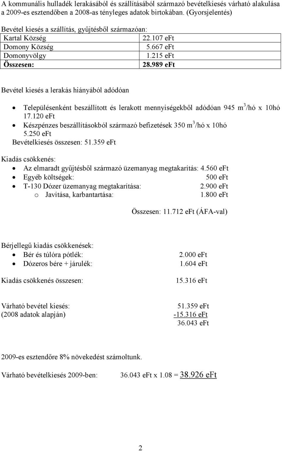 989 eft Bevétel kiesés a lerakás hiányából adódóan Településenként beszállított és lerakott mennyiségekbıl adódóan 945 m 3 /hó x 10hó 17.