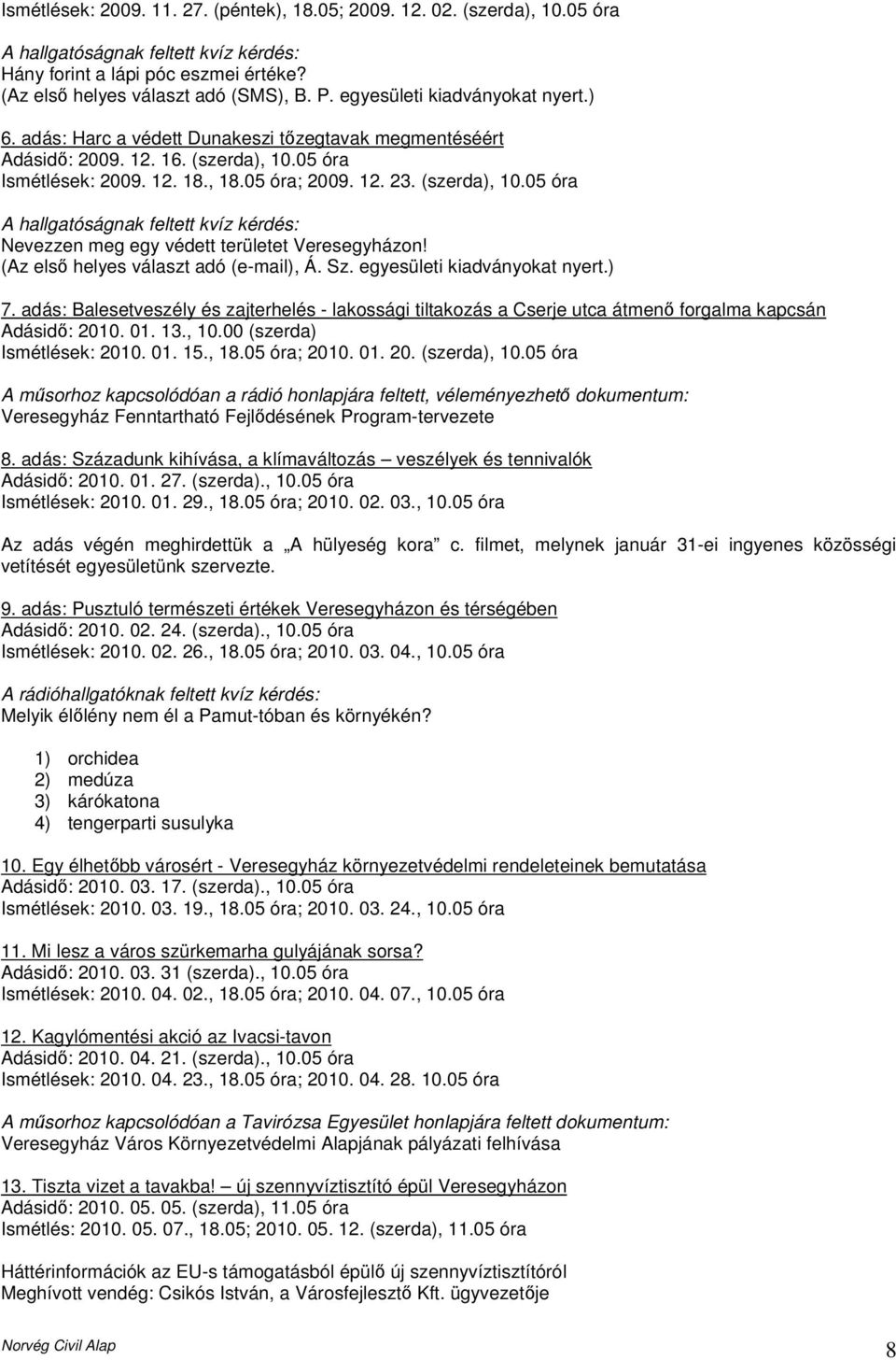 05 óra Ismétlések: 2009. 12. 18., 18.05 óra; 2009. 12. 23. (szerda), 10.05 óra A hallgatóságnak feltett kvíz kérdés: Nevezzen meg egy védett területet Veresegyházon!