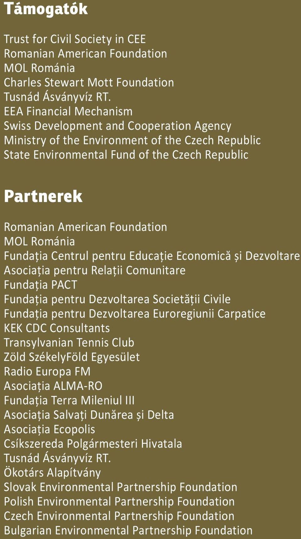 Foundation MOL Románia Fundația Centrul pentru Educație Economică și Dezvoltare Asociația pentru Relații Comunitare Fundația PACT Fundația pentru Dezvoltarea Societății Civile Fundația pentru