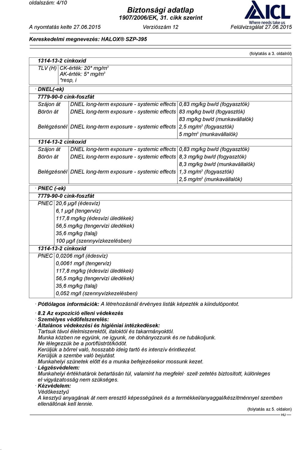 (fogyasztók) 5 mg/m 3 (munkavállalók) 1314-13-2 cinkoxid Szájon át DNEL long-term exposure - systemic effects 0,83 mg/kg bw/d (fogyasztók) Börön át DNEL long-term exposure - systemic effects 8,3