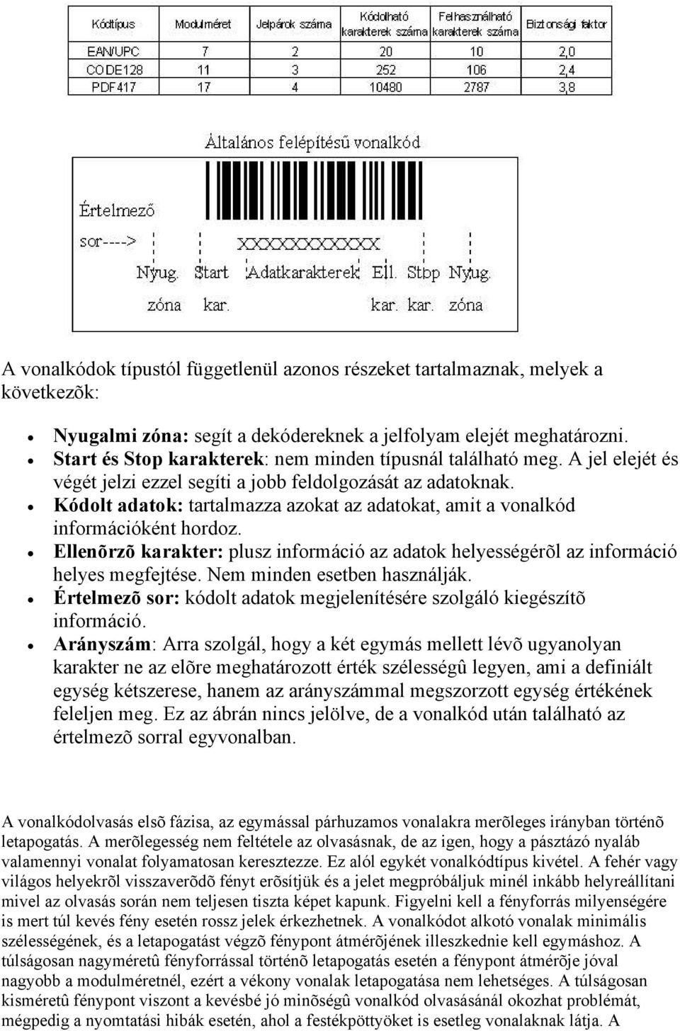 Kódolt adatok: tartalmazza azokat az adatokat, amit a vonalkód információként hordoz. Ellenõrzõ karakter: plusz információ az adatok helyességérõl az információ helyes megfejtése.