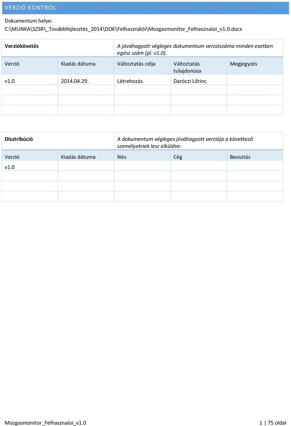 Verzió Kiadás dátuma Változtatás célja Változtatás tulajdonosa v1.0 2014.04.29.