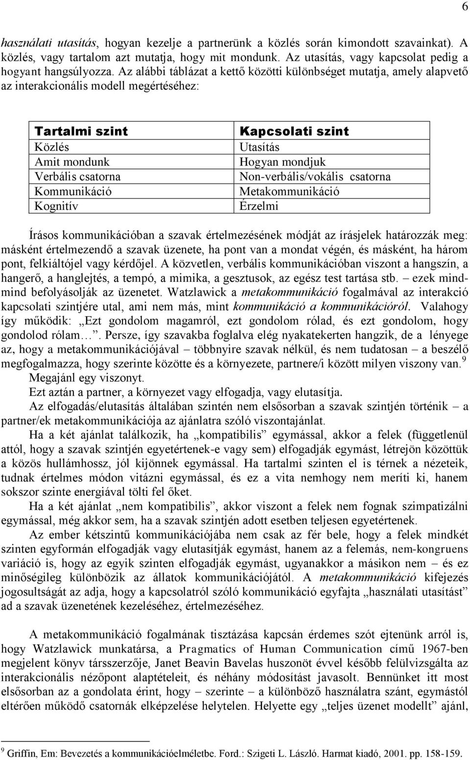 Az alábbi táblázat a kettő közötti különbséget mutatja, amely alapvető az interakcionális modell megértéséhez: Tartalmi szint Közlés Amit mondunk Verbális csatorna Kommunikáció Kognitív Kapcsolati