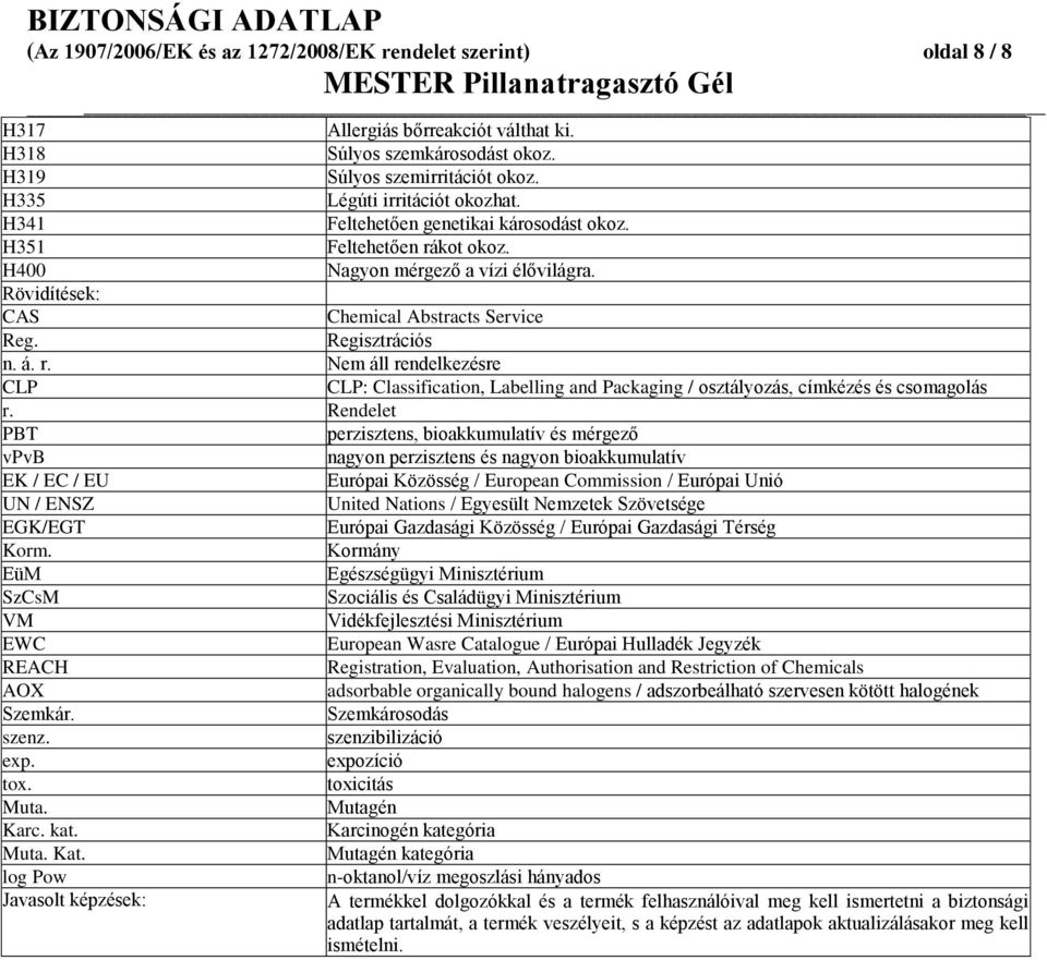 Regisztrációs n. á. r. Nem áll rendelkezésre CLP CLP: Classification, Labelling and Packaging / osztályozás, címkézés és csomagolás r.