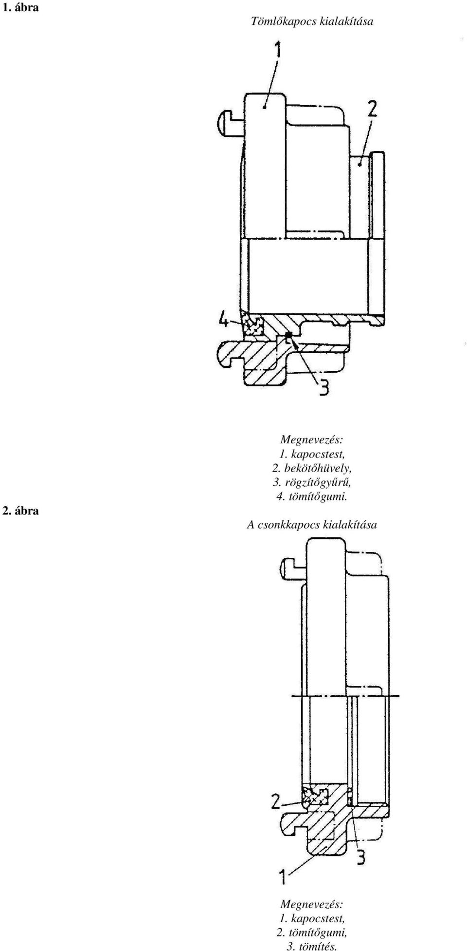 bekötőhüvely, 3. rögzítőgyűrű, 4. tömítőgumi.