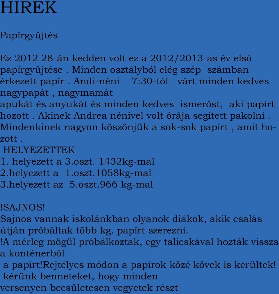 Mindenkinek nagyon köszönjük a sok-sok papírt, amit hozott. HELYEZETTEK 1. helyezett a 3.oszt. 1432kg-mal 2.helyezett a 1.oszt.1058kg-mal 3.helyezett az 5.oszt.966 kg-mal!sajnos!