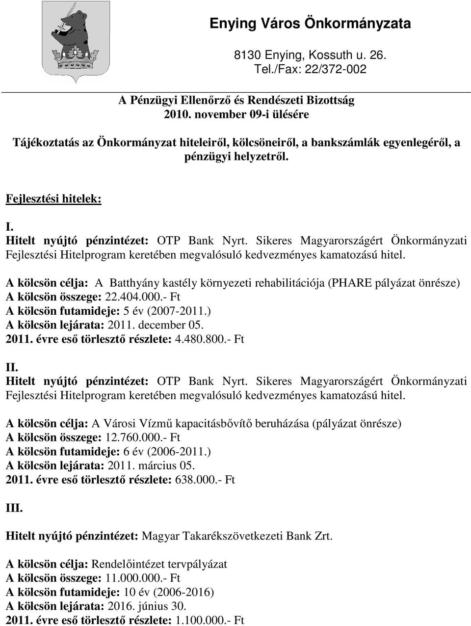 A kölcsön célja: A Batthyány kastély környezeti rehabilitációja (PHARE pályázat önrésze) A kölcsön összege: 22.404.000.- Ft A kölcsön futamideje: 5 év (2007-2011.) A kölcsön lejárata: 2011.