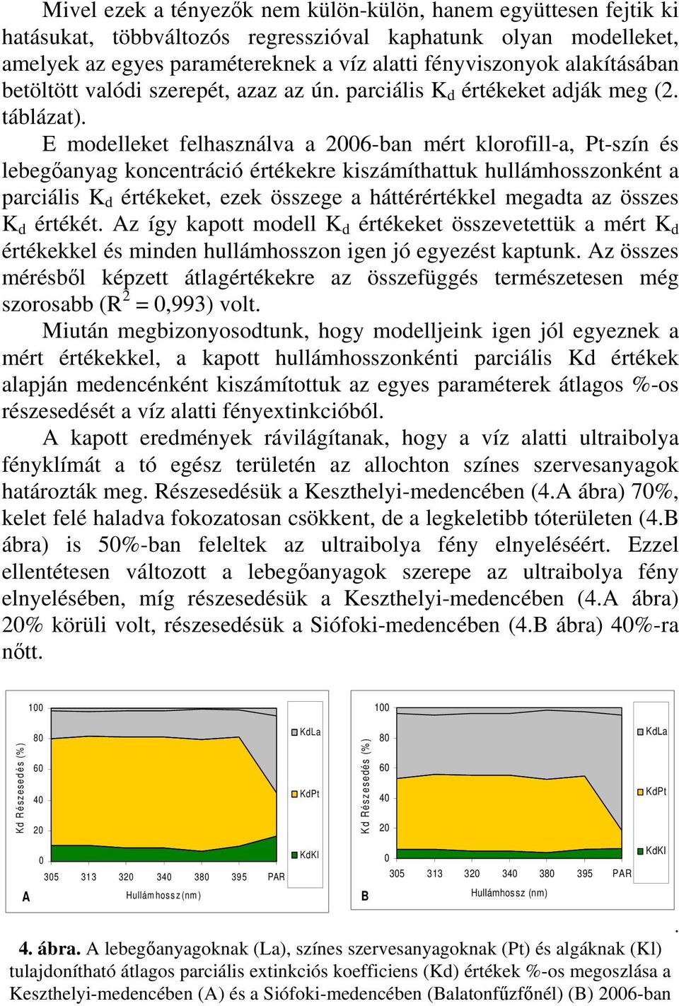 E modelleket felhasználva a 26-ban mért klorofill-a, Pt-szín és lebegőanyag koncentráció értékekre kiszámíthattuk hullámhosszonként a parciális K d értékeket, ezek összege a háttérértékkel megadta az