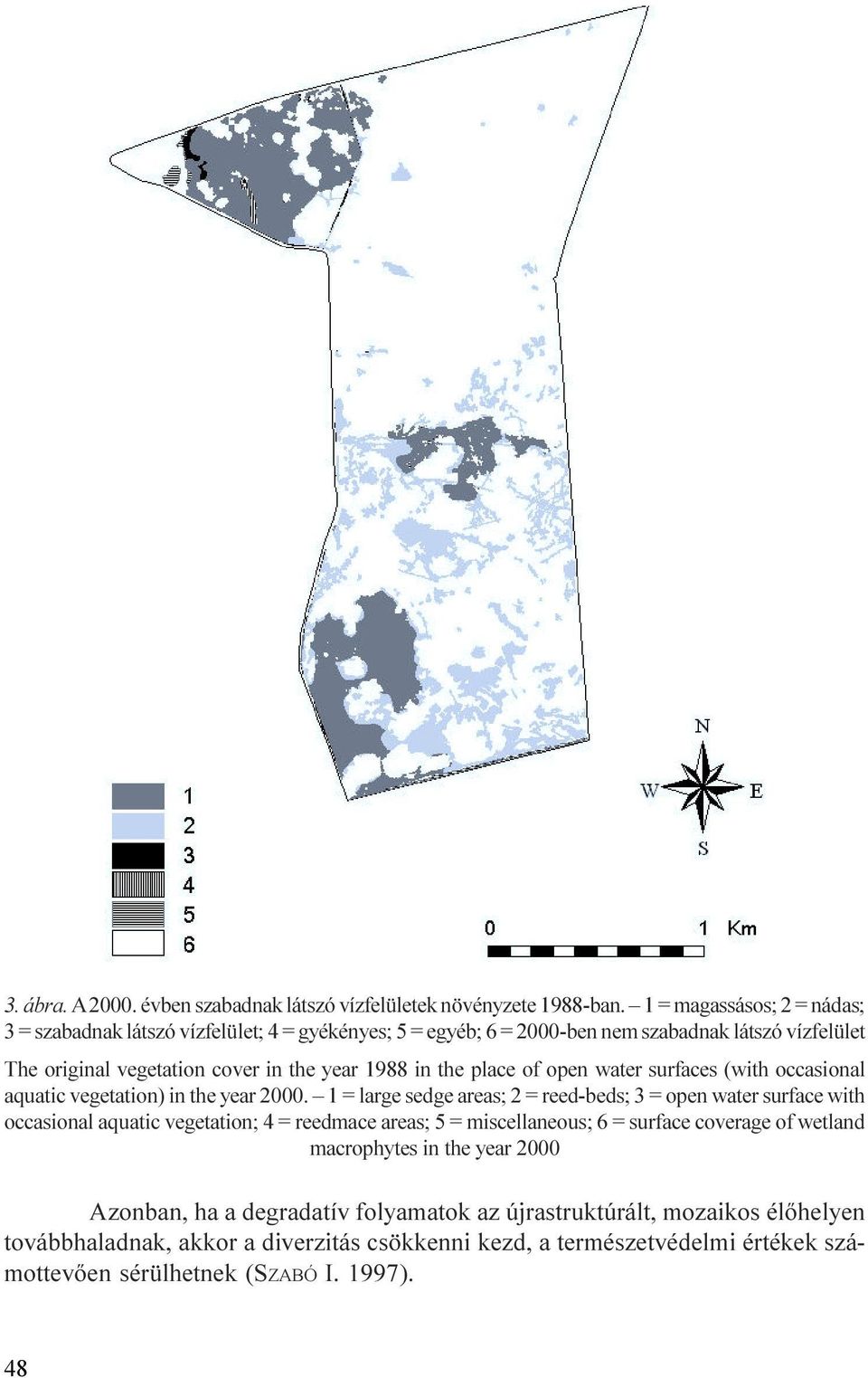 reed-beds; 3 = open water surface with occasional aquatic vegetation; 4 = reedmace areas; 5 = miscellaneous; 6 = surface coverage of wetland macrophytes in the year 2000 Azonban, ha