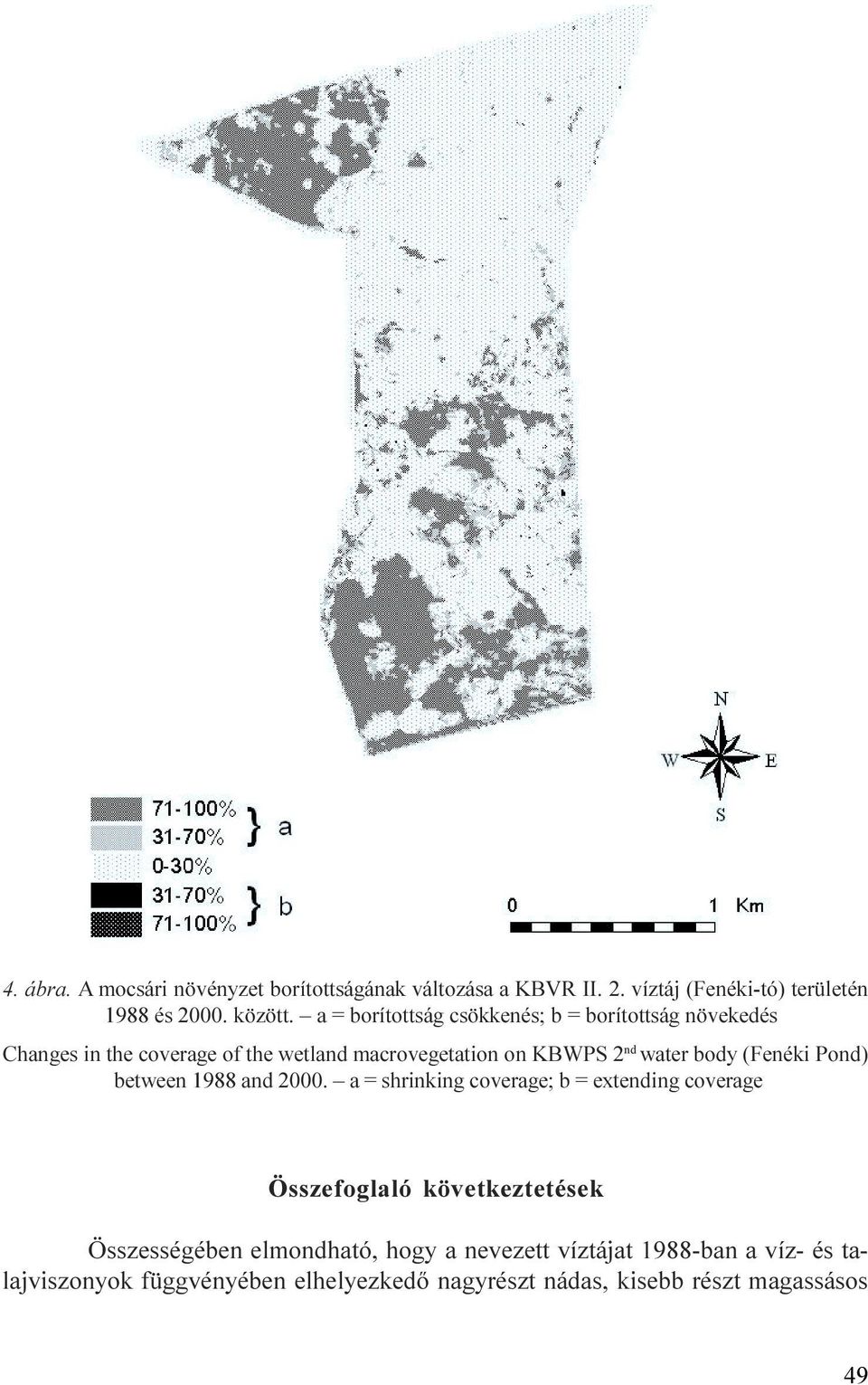 (Fenéki Pond) between 1988 and 2000 a = shrinking coverage; b = extending coverage Összefoglaló következtetések Összességében