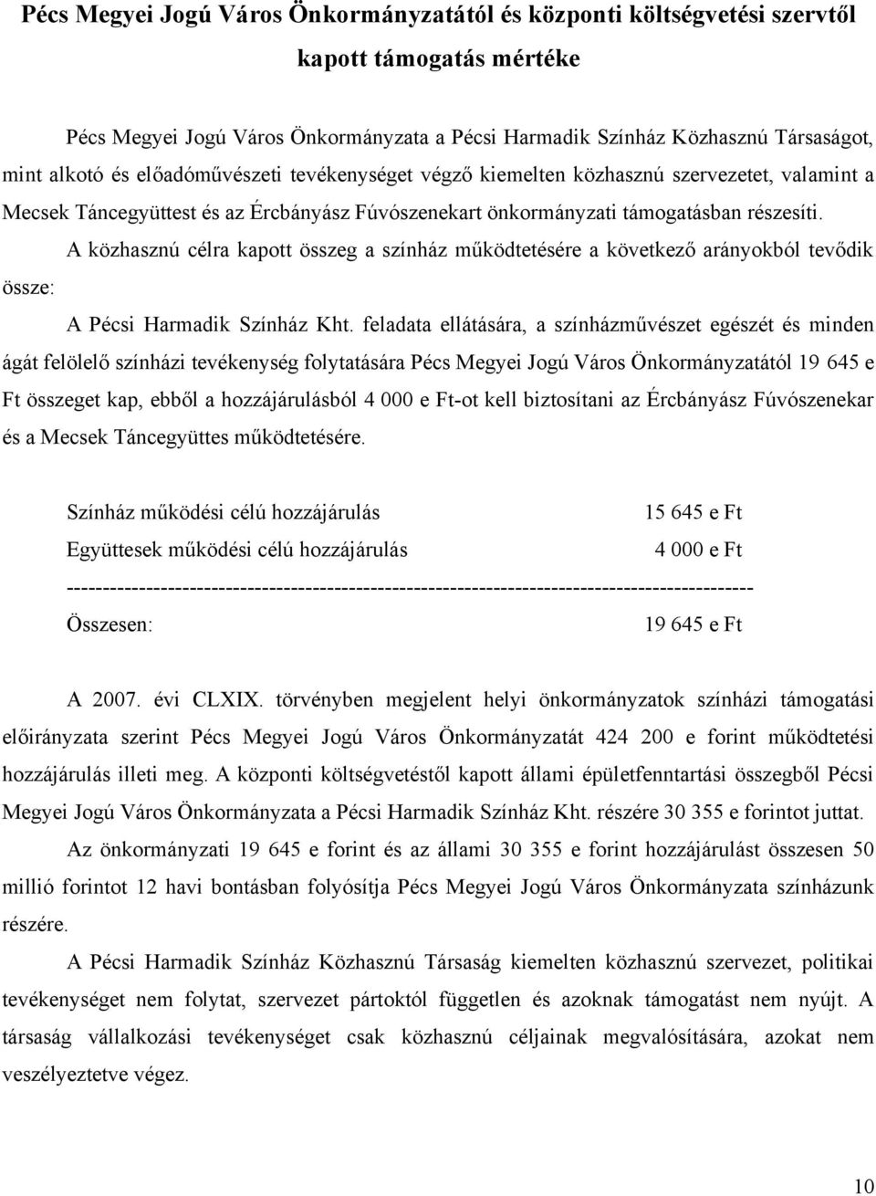 A közhasznú célra kapott összeg a színház működtetésére a következő arányokból tevődik össze: A Pécsi Harmadik Színház Kht.