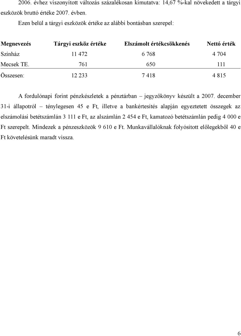 761 650 111 Összesen: 12 233 7 418 4 815 A fordulónapi forint pénzkészletek a pénztárban jegyzőkönyv készült a 2007.