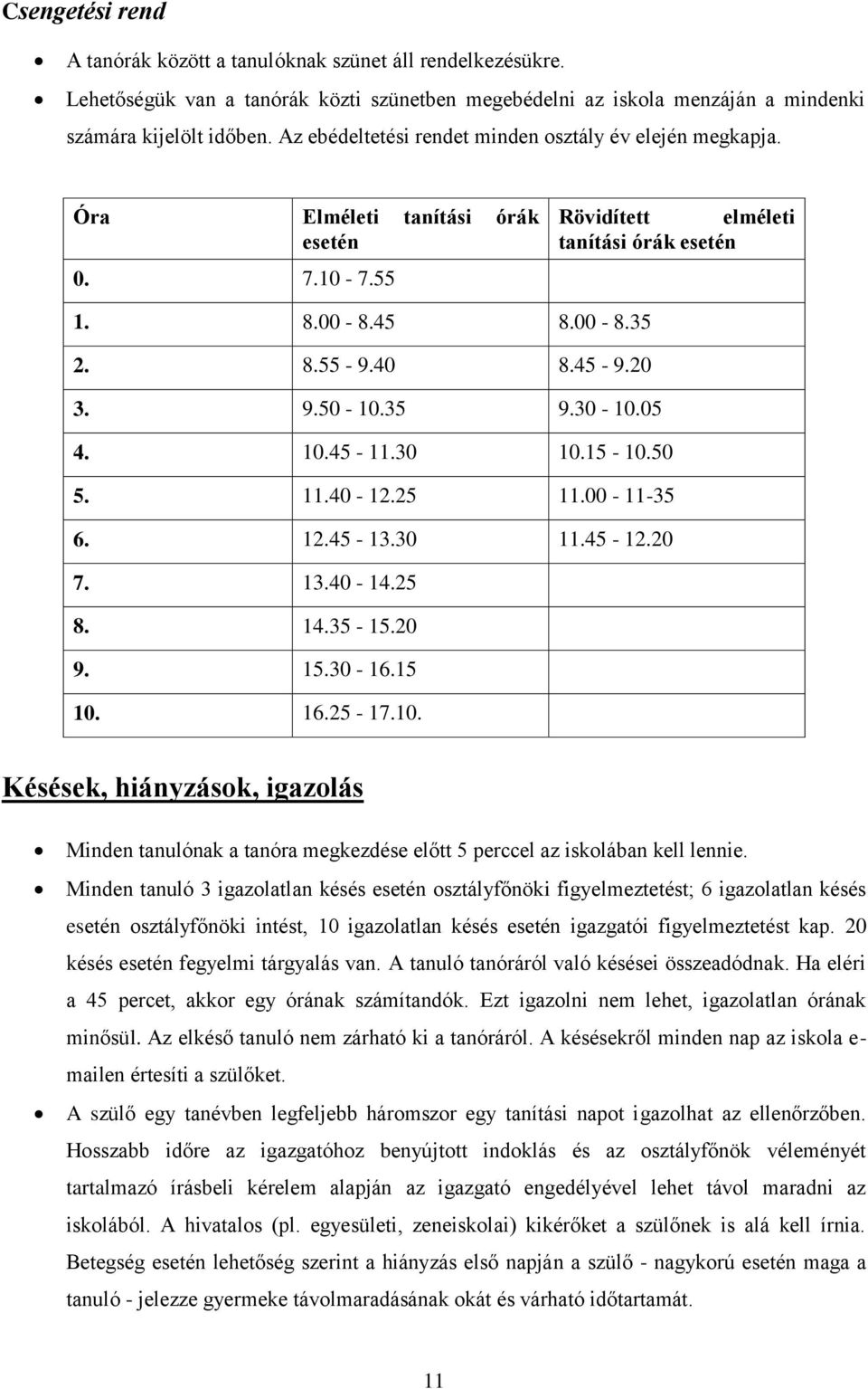 50-10.35 9.30-10.05 4. 10.45-11.30 10.15-10.50 5. 11.40-12.25 11.00-11-35 6. 12.45-13.30 11.45-12.20 7. 13.40-14.25 8. 14.35-15.20 9. 15.30-16.15 10. 16.25-17.10. Késések, hiányzások, igazolás Minden tanulónak a tanóra megkezdése előtt 5 perccel az iskolában kell lennie.