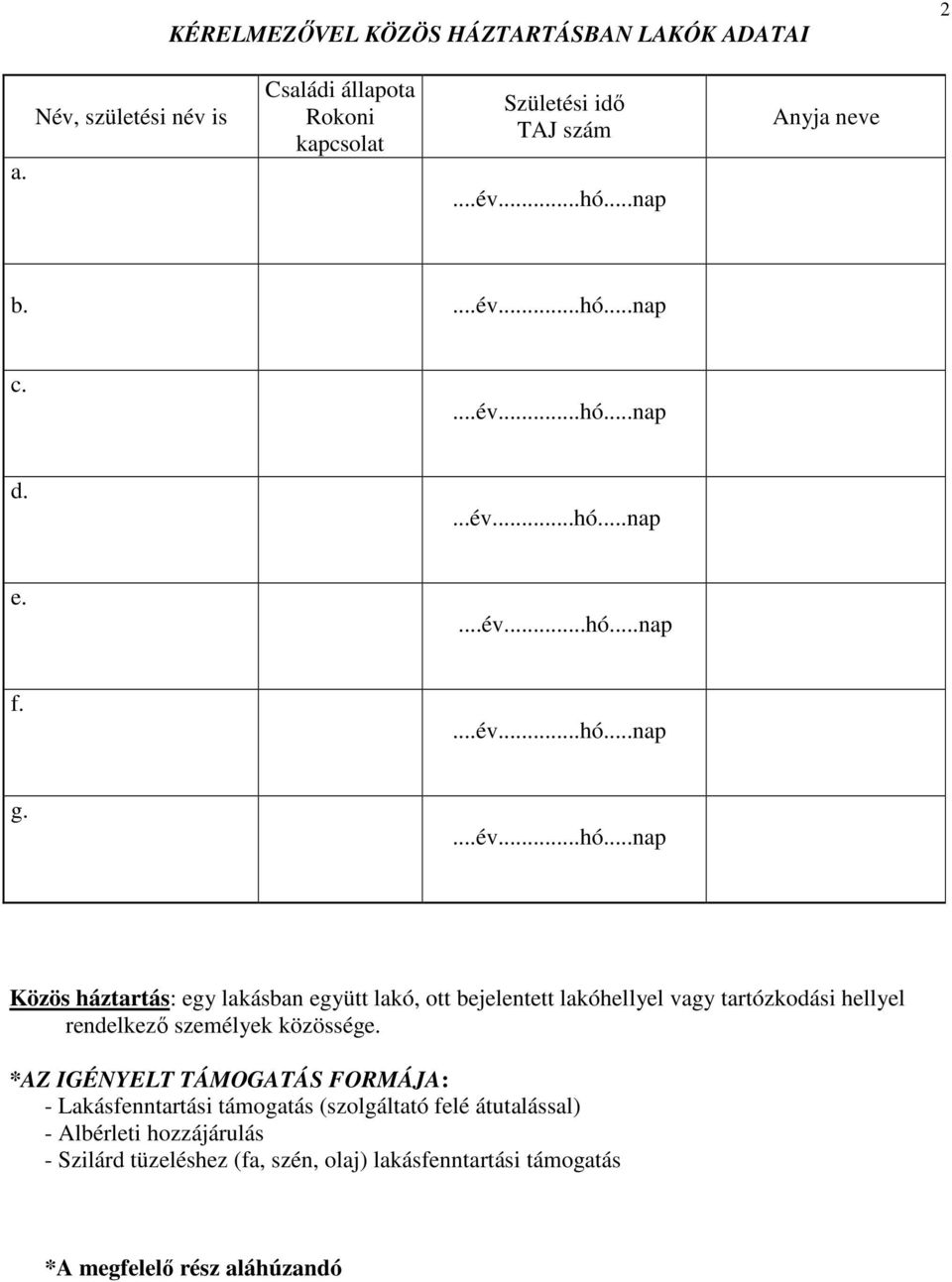 lakóhellyel vagy tartózkodási hellyel rendelkezı személyek közössége *AZ IGÉNYELT TÁMOGATÁS FORMÁJA: - Lakásfenntartási támogatás