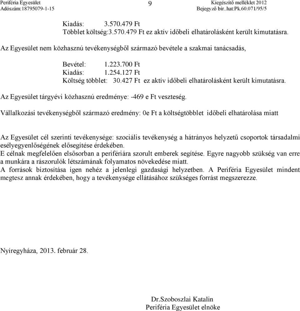 Vállalkozási tevékenységből származó eredmény: 0e Ft a költségtöbblet időbeli elhatárolása miatt 9 Az Egyesület cél szerinti tevékenysége: szociális tevékenység a hátrányos helyzetű csoportok